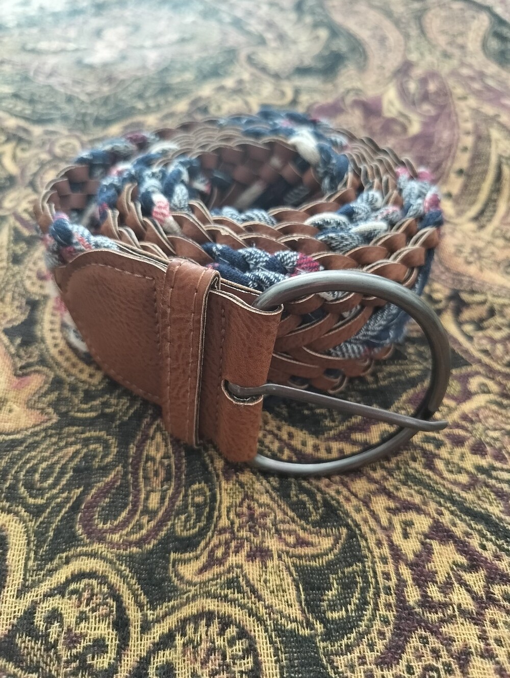 Woven Boho Plaid & Braided Leather Belt Plus Size 20 53"